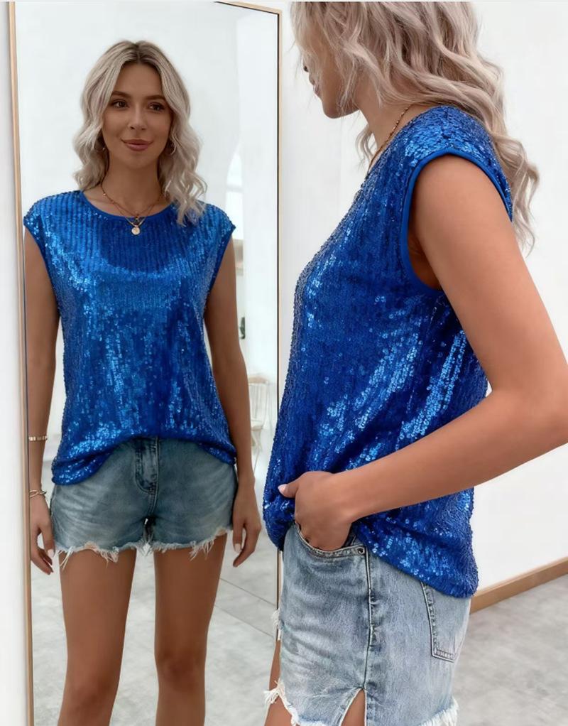 European and American new European and American style loose casual fashion party round neck sleeveless top women's sequined T-shirt