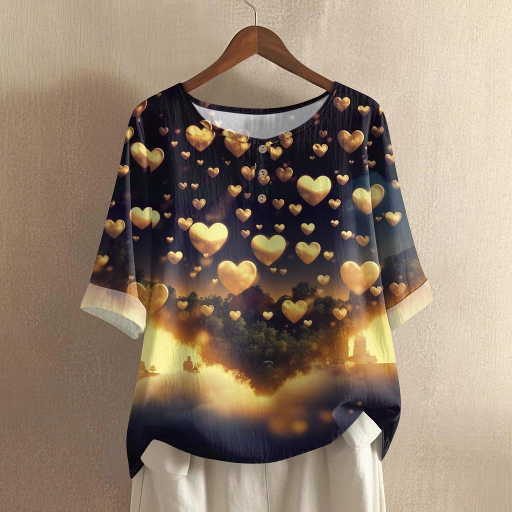 Damska casualowa i wygodna bawełniano-lniana bluzka z okrągłym dekoltem, średniej długości, z modnym nadrukiem