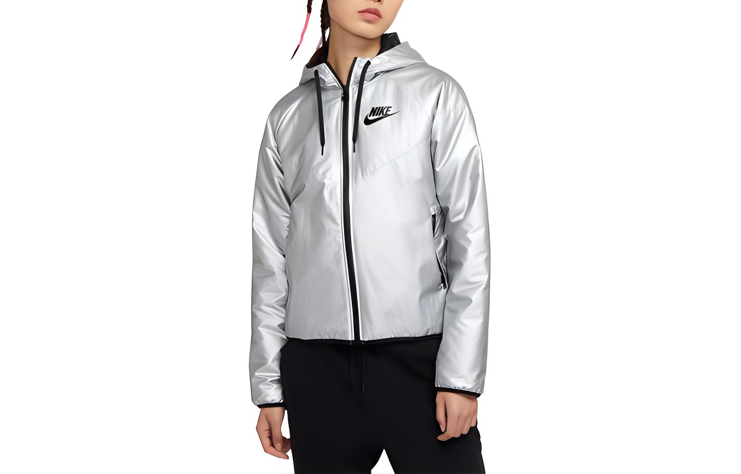 

Nike Jackets Women s Metallic Silver/Black Hooded Moderate Other CJ2262-095 XS
