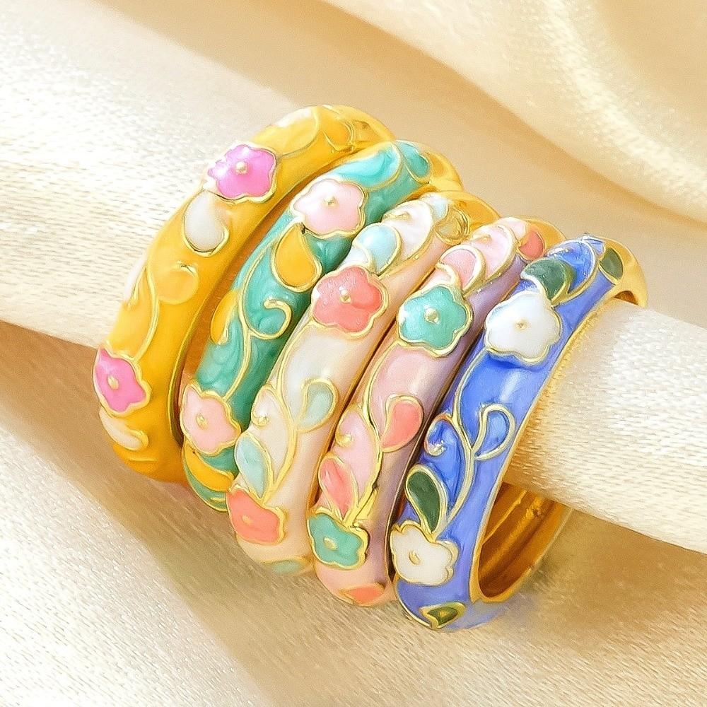 Colorful Oil-Drop Enamel Ring Versatile Drip Glazing Ring Vintage Flower Open Ring  Wedding