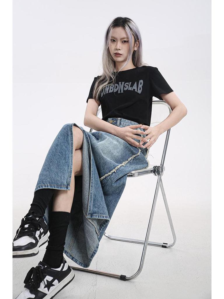 Women's High Waist Spring Denim Midi Skirt with Side Slit