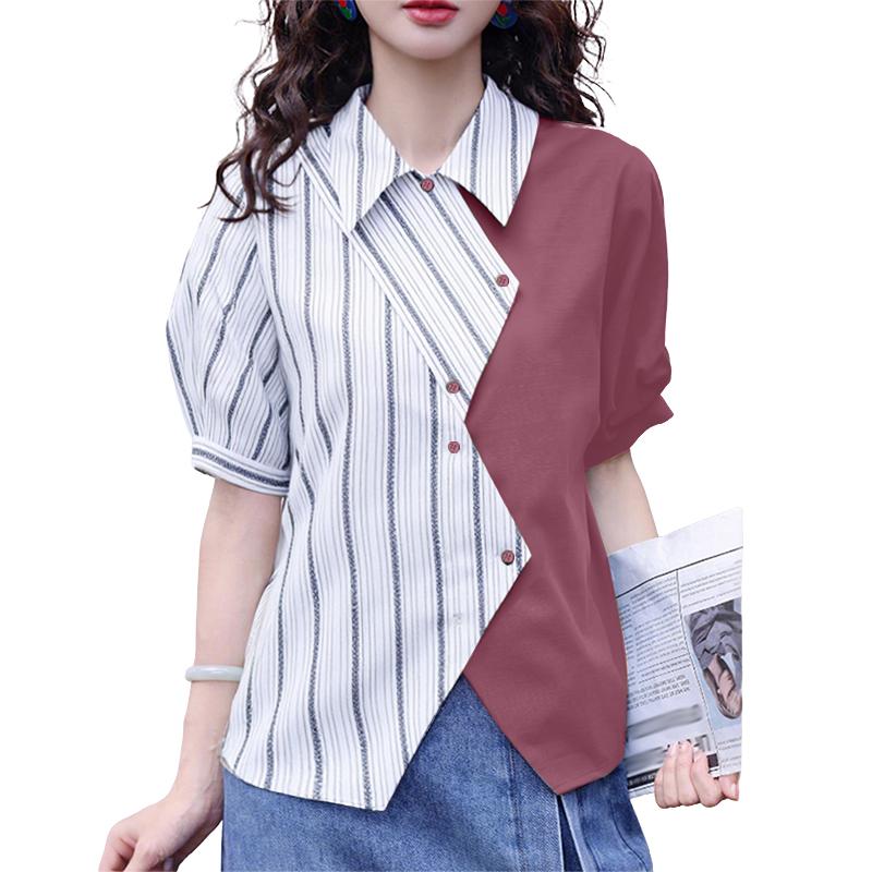 

ZANZEA Жіноча повсякденна літня блузка в смужку з коротким рукавом та відкладним коміром 4XL рожевий