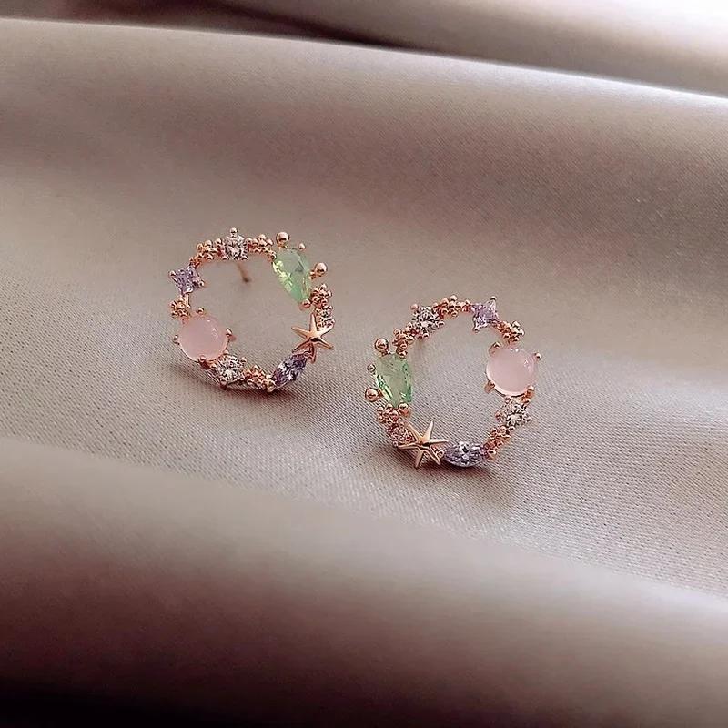 Korean Round Pink Green Crystal Stud for Women 2024 Design Classic Sweet Flower Cirlce Earrings Jewelry Fashion Brincos