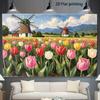 2D Spring Holland Landscape Backdrop Featuring Vibrant Tulip Fields and Traditional Windmills