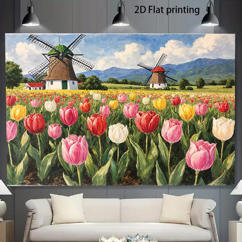 

2D Spring Holland Landscape Backdrop featuring Vibrant Tulip Fields and Traditional Windmills 47.2x31.5inch/120*80cm