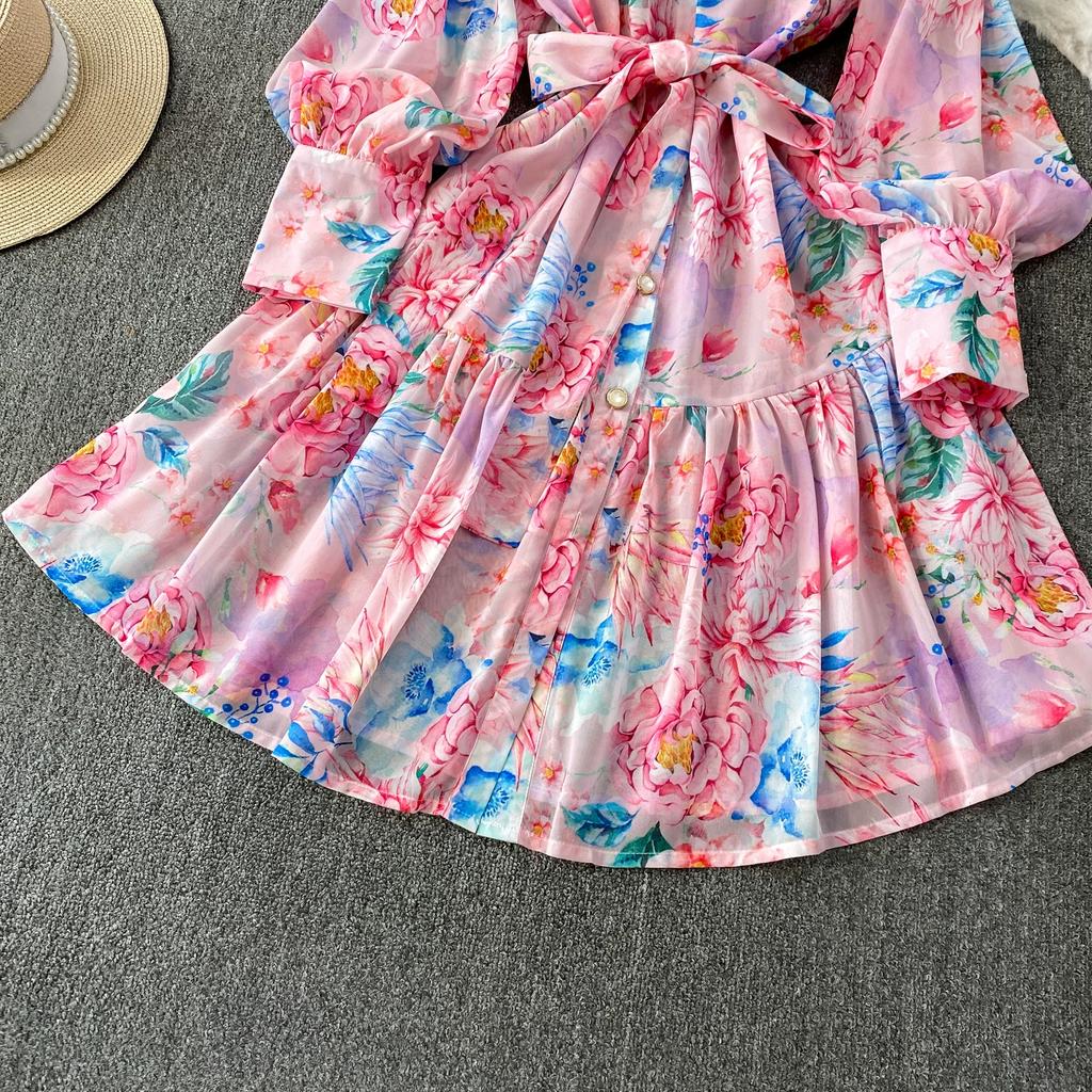 Spring Autumn Vintage Hydrangea Print  Long Sleeve Short Dress for Women Fashion Stand Collar Belt Slimming Ruffles Splice Mini Dress