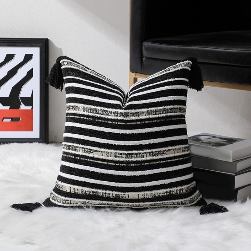 Chenille Jacquard Streifen Geometrisch Quasten Kissenbezug Weiche Dekorative Kissenbezüge für Sofa Schlafzimmer und Wohnzimmer
