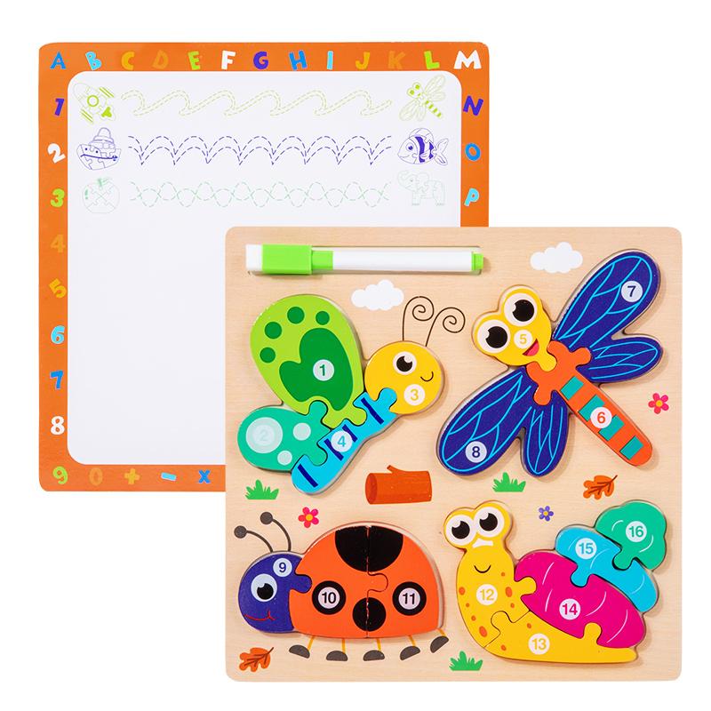 Montessori Wooden 3D Puzzle for Toddlers with Drawing Board Animal & Vehicle Shape Matching Blocks Jigsaw Toys for Kids Learning