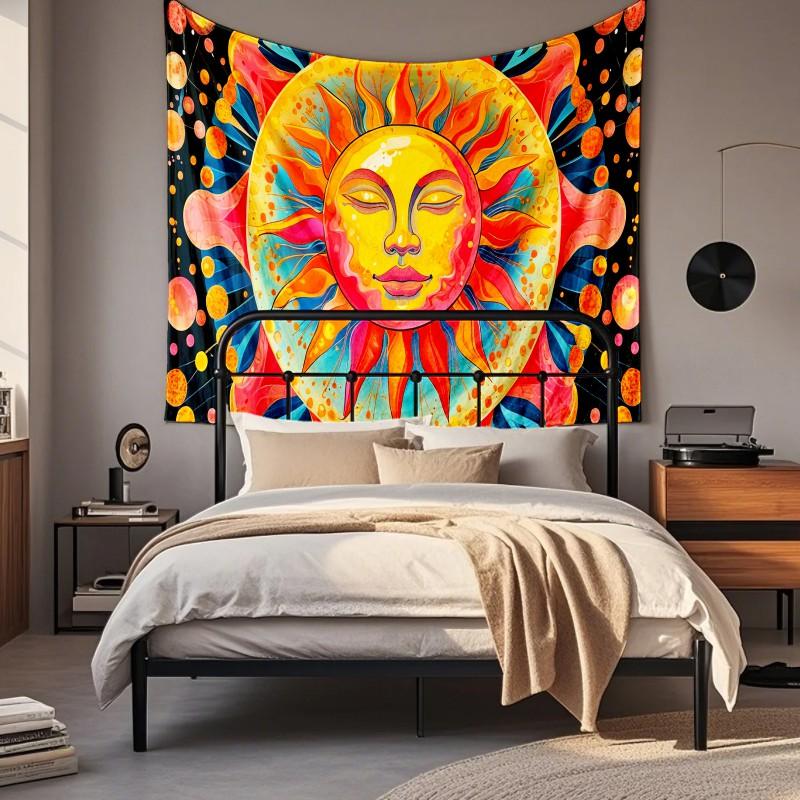 Boho Chic Wall Tapestry With Moon Phase Floral Starry Sky Design Bedroom Yoga Studio Decor