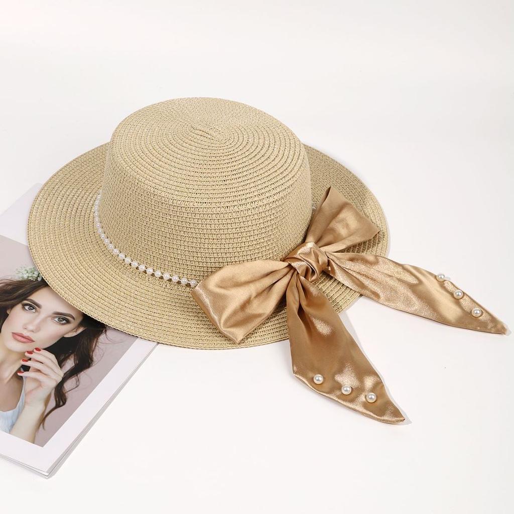 Spring and Summer Seaside Trip Beach Sunshade Sunscreen Hat UV Protection Sun Hat Pearl Bow Women Straw Hat