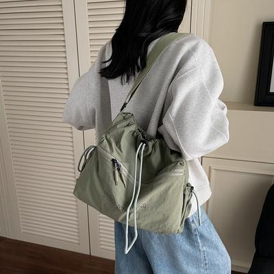 Large Capacity Casual Tote Canvas Bag Women's Light Drawstring Bucket Bag Travel Bag Simple Commuter Shoulder Crossbody Bag