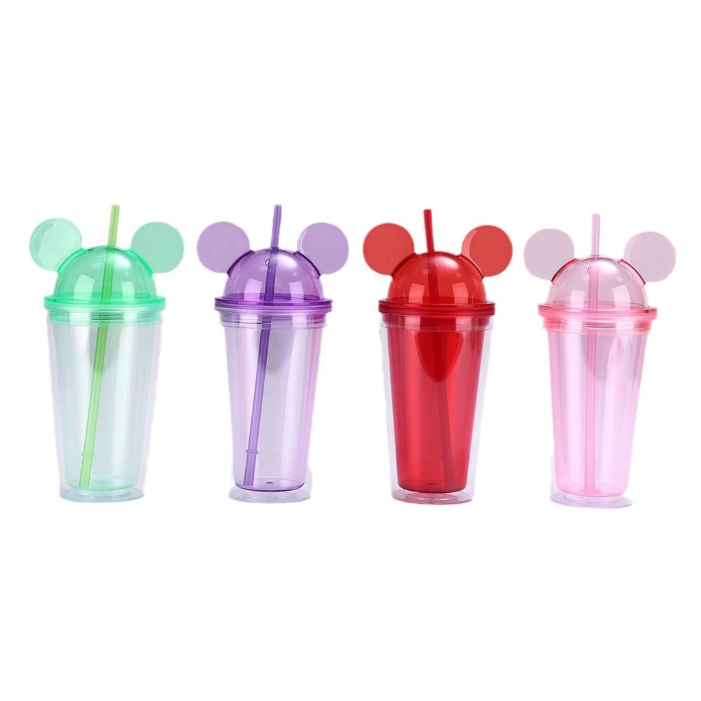 Water Bottle Mickey Mouse Cover Cute Straw Cup Portable Leak-proof Double-layer Plastic Cup Outdoor Gift Cup LOGO