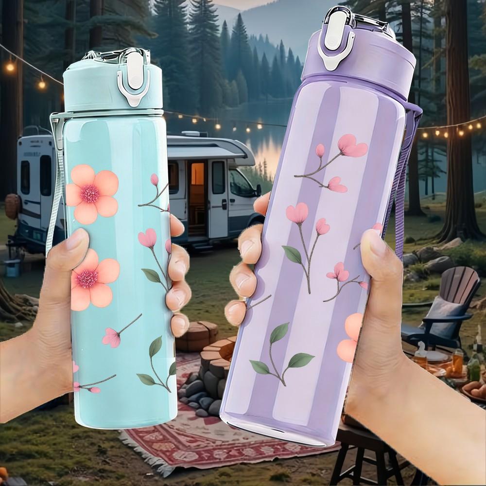 1PC Simple Pink Flower Pattern 750ml Color Plastic Sports Water Bottle Leakproof Flip Straw Lid Suitable for Sports Office Home Use
