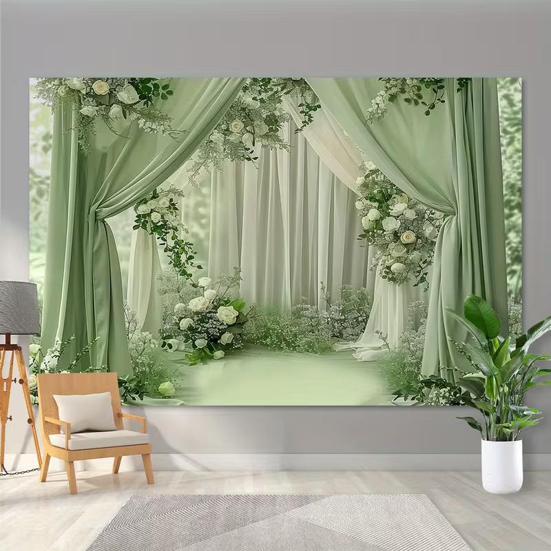 

2D Flat Green Drape & White Rose Backdrop, Elegant Background for Engagement & Outdoor Wedding 47.2x31.5inch/120*80cm