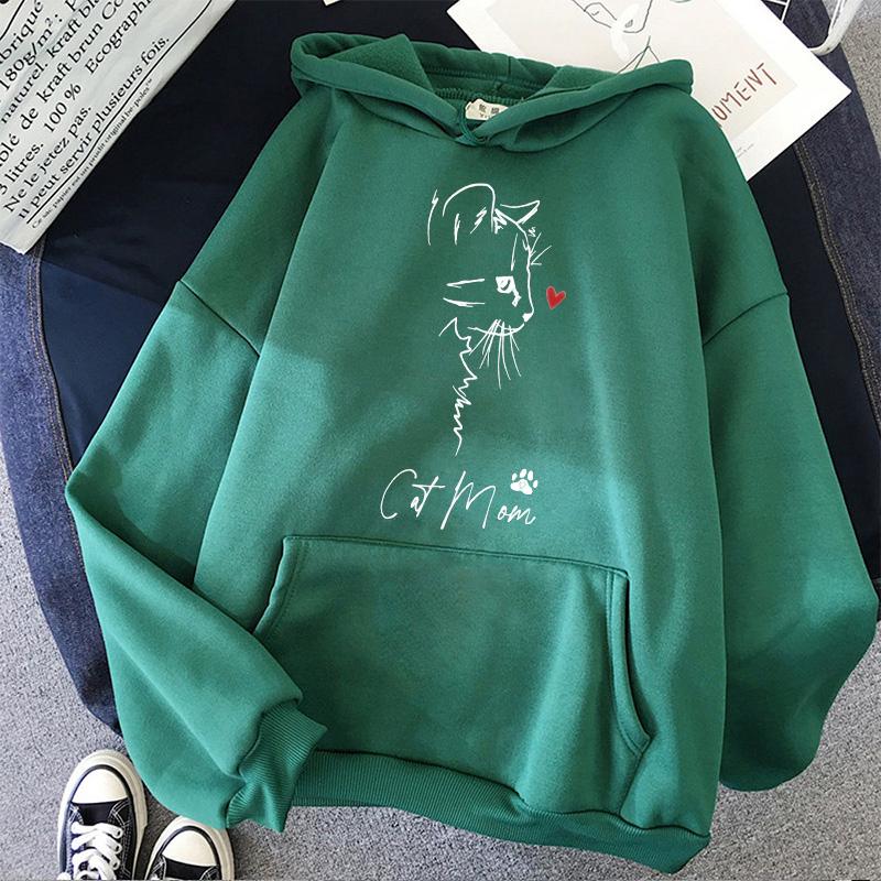 Dámské Roztomilý Potisk Kočičí Máma Módní Mikiny s Klokaní Kapsou Dámské Zimní Y2k Mikiny 90s Grafické Vintage Oblečení s Kapucí