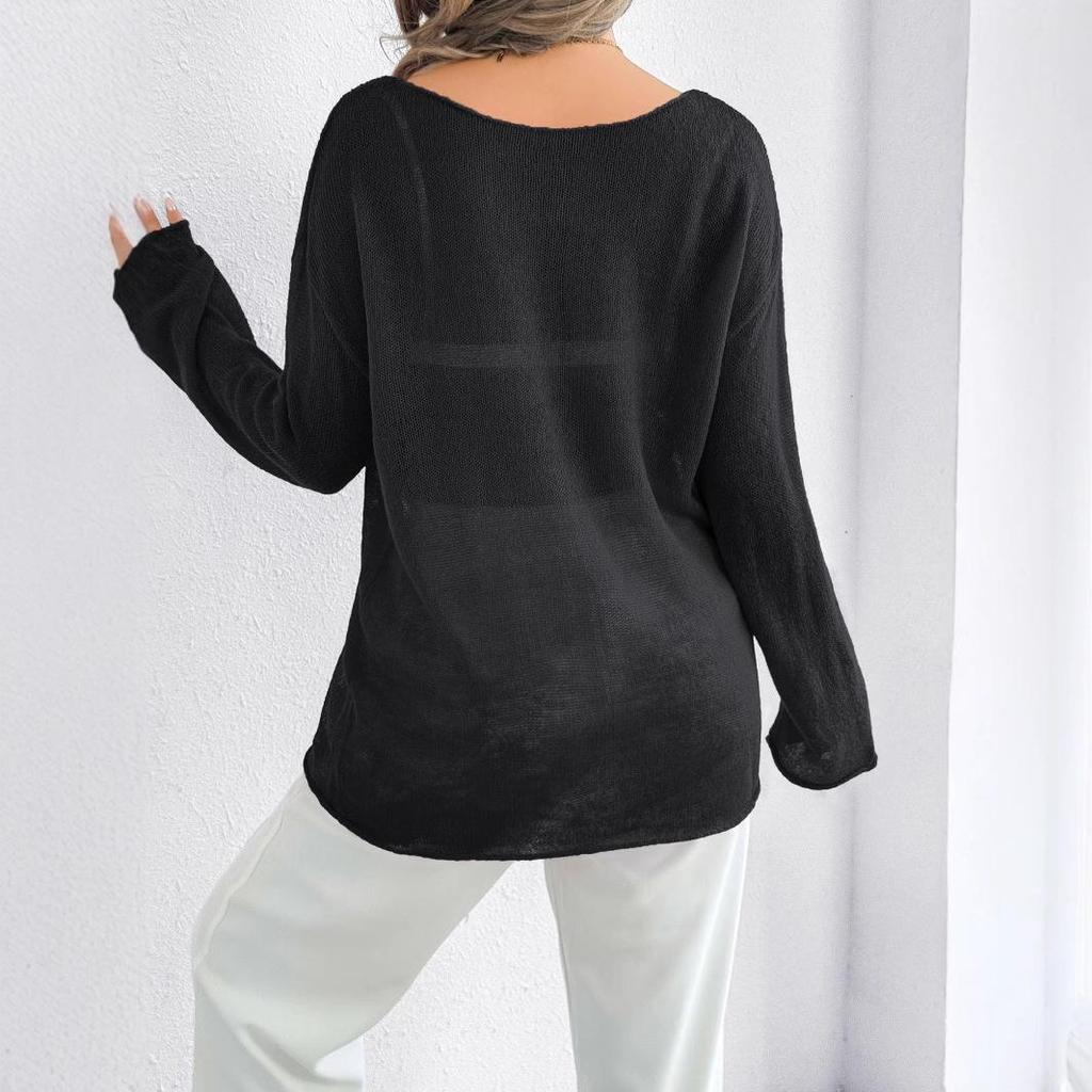 Cross-Border Casual Loose Knit Hollow Sweater: Women's Lightweight Bell Sleeve, Round Neck, Solid Color