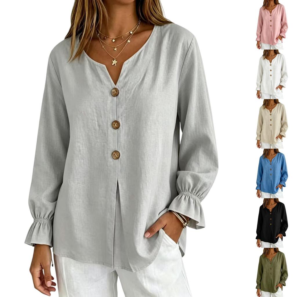 Women Button Long Sleeve Linen Cotton Blouse Casual Loose Fit Lightweight Breathable Top with Elastic Cuffs and Front Button Closure