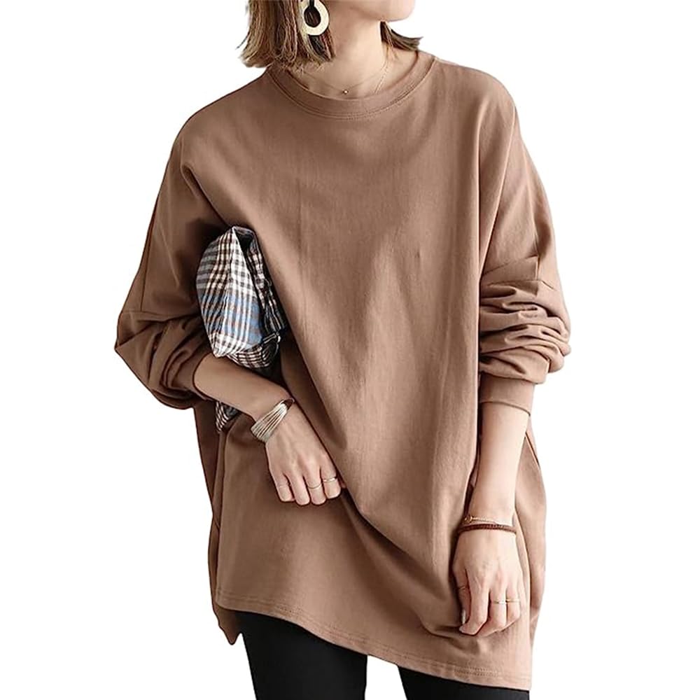 

Moilyuko Solid Long Loose Oversized Mo37 Women s Sweatshirt, Color, Simple, Sleeve, Fit, Casual, Commuting, Top, Spring/Autumn Wear, (M, Brown)