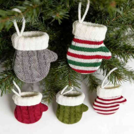 Decorative Bag Charm Mini Knitted Christmas Mitten Ornaments, Xmas Glove Hanging Decor, Festive Tableware Flatware Seasonal Party Favor Holders, Knit