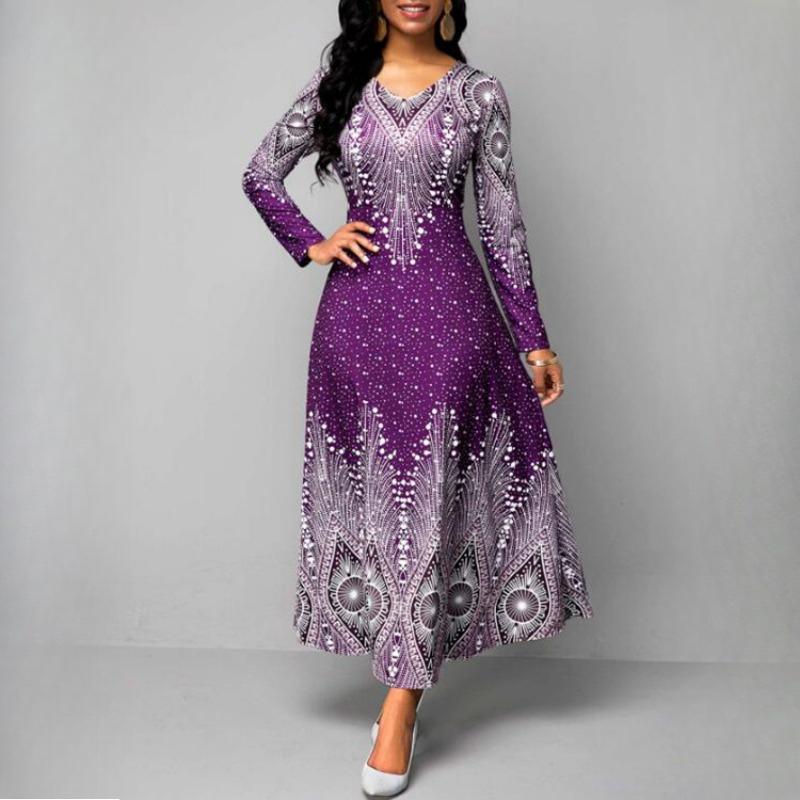 

QICED Женское платье макси с круглым вырезом, винтажным принтом и длинным рукавом, весна-осень XXL фиолетовый