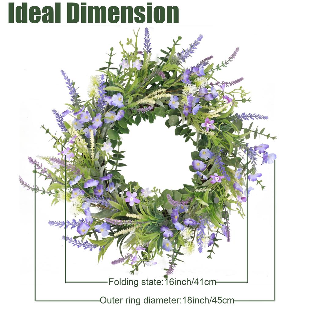 Artificial Spring Summer Wreath for Front Door Lavender Wildflower Green Eucalyptus Leaves Wreath for Wall Window Decor