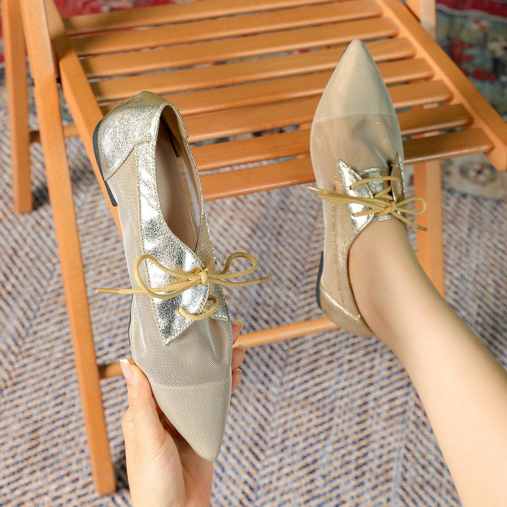 Fashion polka dot lace flat shoes woman pointed toe lace up summer shoes breathable mesh loafers women cutout mocasines big size 43