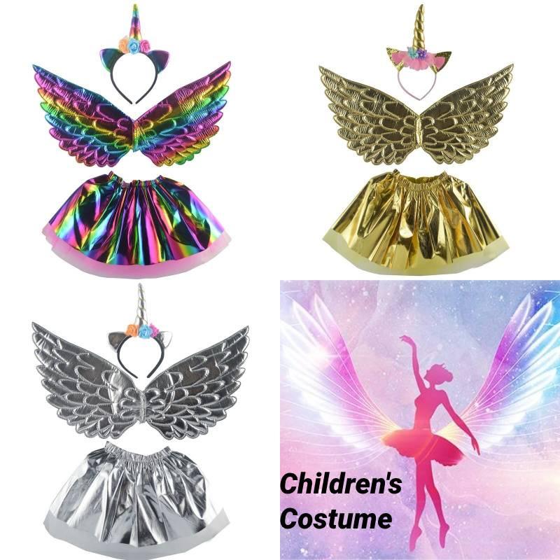 Unicorn Children Costume Headband Skirt Wings Party Clothing Outfit Performance