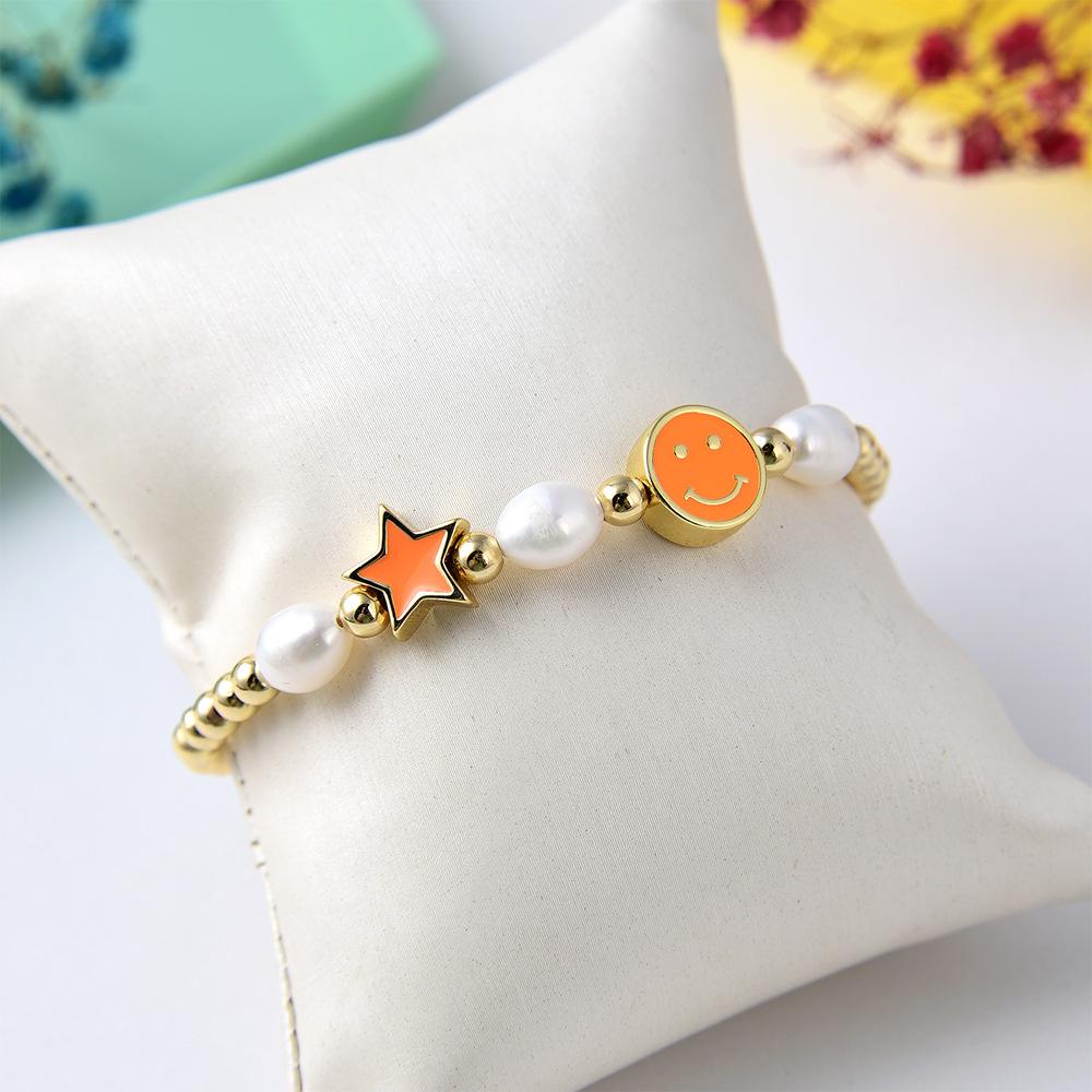 Colorful Drip Oil Smiley Star Beaded Bracelet with Natural Freshwater Pearls
