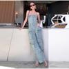 High Street Denim Jumpsuit Women Patchwork Strapless Single Breasted Pockets Wide Leg Jumpsuits 2025 Spring Summer Lady New Solid Color Jumpsuit