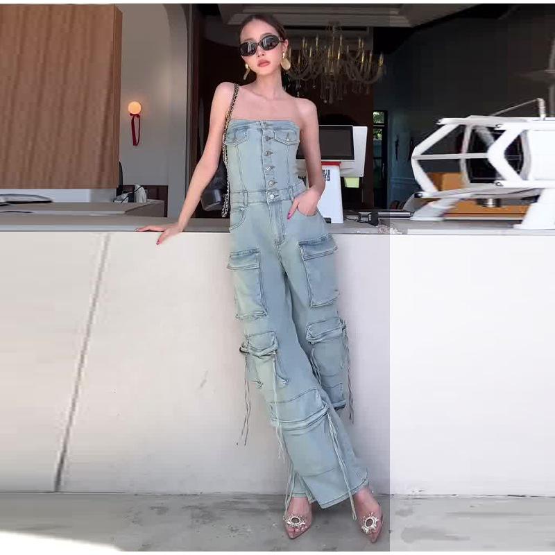 High Street Denim Jumpsuit Women Patchwork Strapless Single Breasted Pockets Wide Leg Jumpsuits 2025 Spring Summer Lady New Solid Color Jumpsuit