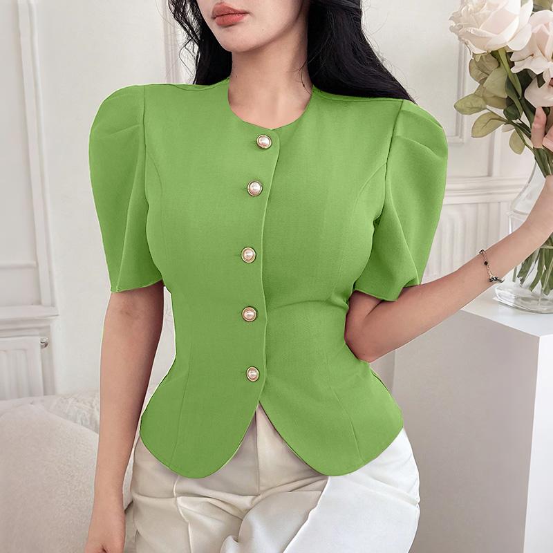 

ZANZEA Женская повседневная блузка с круглым вырезом, летняя, с коротким рукавом, приталенная 5XL зелёный