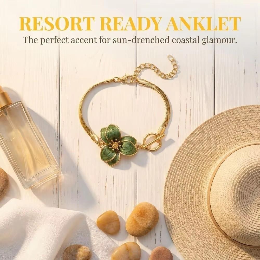 Gold Oil-Dripped Flower Pendant Anklet 3D Charm Beach Anklet Foot Chain Jewelry for Foot Jewelry