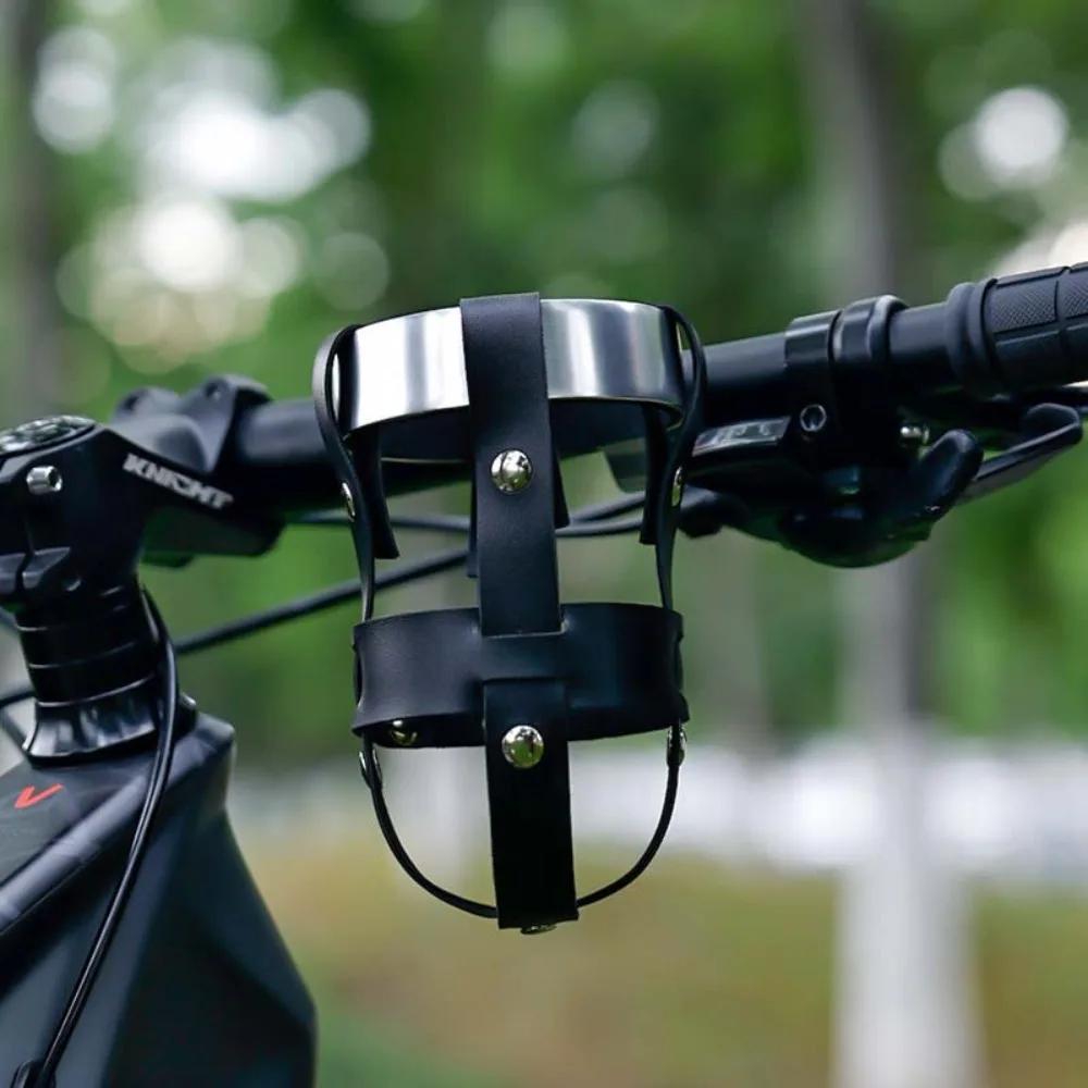 Bicycle Aluminum Alloy+PU Leather Kettle Holder Adjustable Handle Buckle Adjustable Cup Holder Retro Style Riding Bottle Bracket