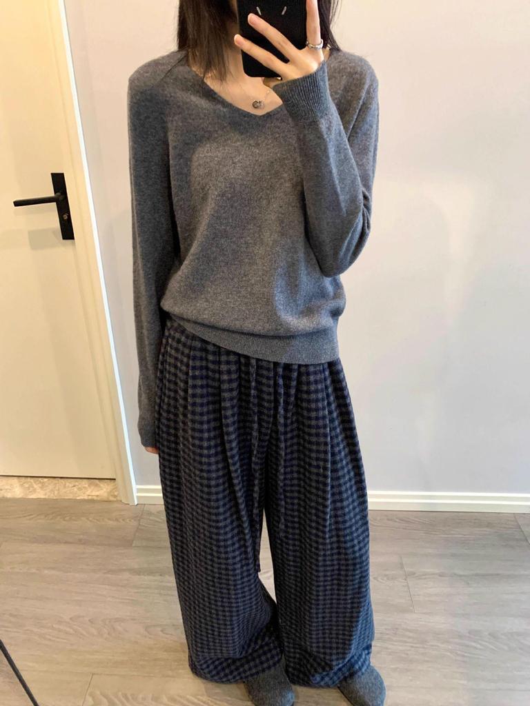 Plus Size Plaid Woolen Wide Leg Pants - Elastic Waist, Slimming, Hip Coverage, Women's Casual Straight Leg Long Pants