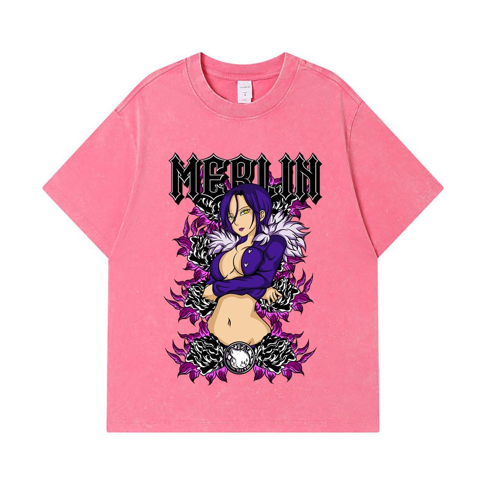 275 GSM Washed T-shirts 100% Cotton Seven Deadly Sins V8 Merlin Print Unisex Heavy Cotton T Shirt