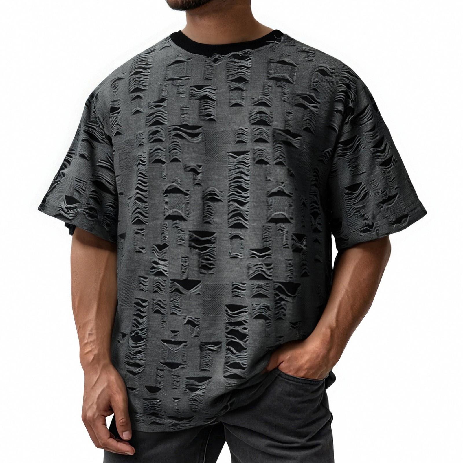 

Мужская летняя мода Хлопковый топ с рваным дизайном Круглый вырез Повседневная свободная футболка с коротким рукавом XXL