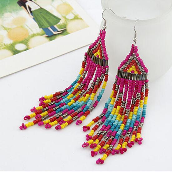 Women Bohemian Long Beaded Tassel Drop Dangle Hook Earrings Party Jewelry Gift