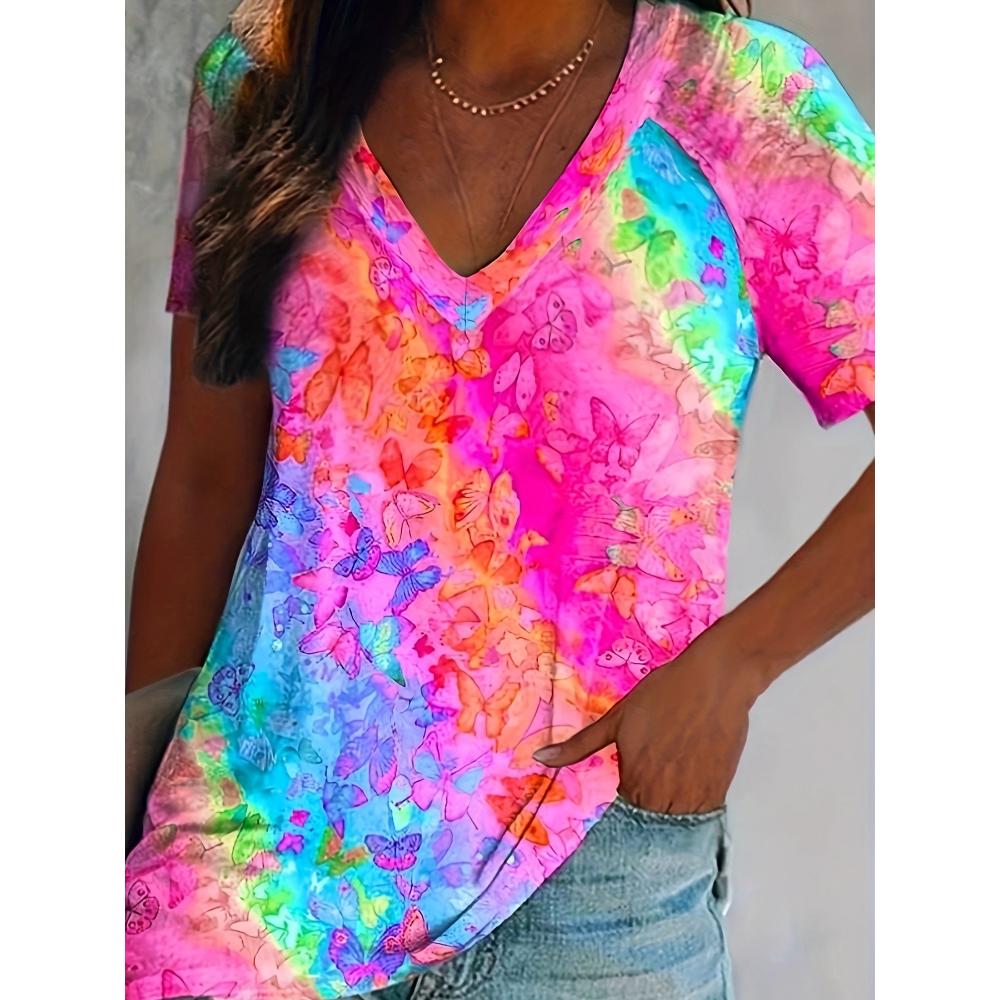 2026 Summer Fashion Colorful Butterfly Pattern T-shirt Ladies 3d Retro V-neck Outdoor Vacation Beach T-shirt S