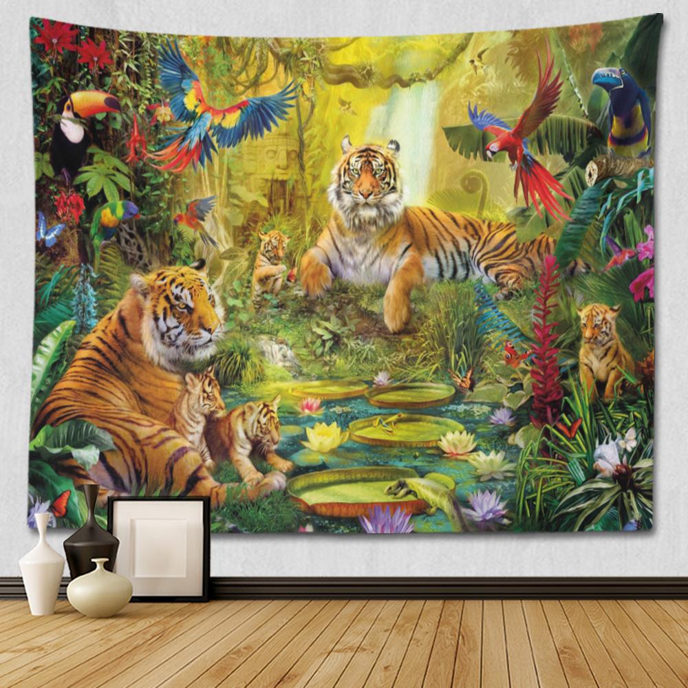 Jungle Wildlife Tiger Tapestry Cool Woodland Animal Print Tapestries Tropical Rainforest Theme Wall Hanging For Kids Boys Girls
