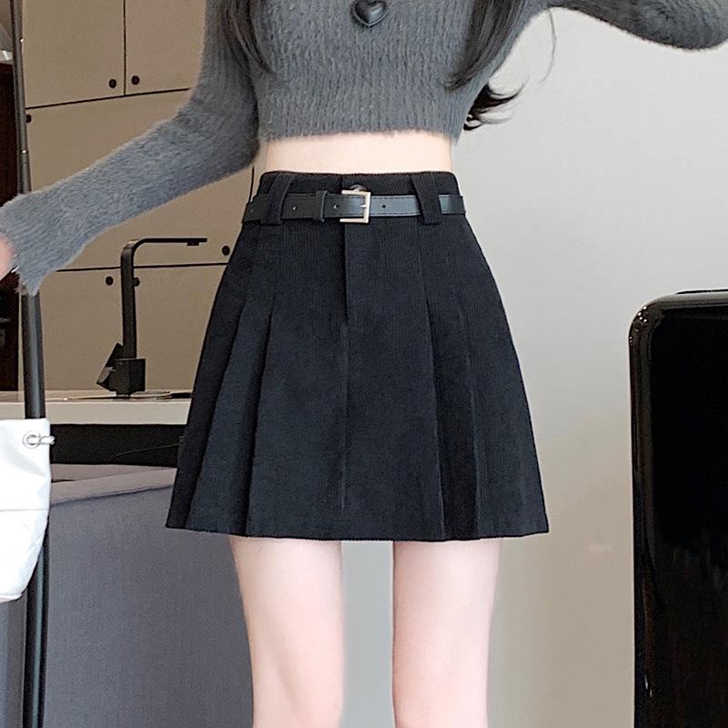 Women's Khaki Corduroy Pleated Midi Skirt: High Waist Petite A-Line, Autumn Winter 2025 Collection