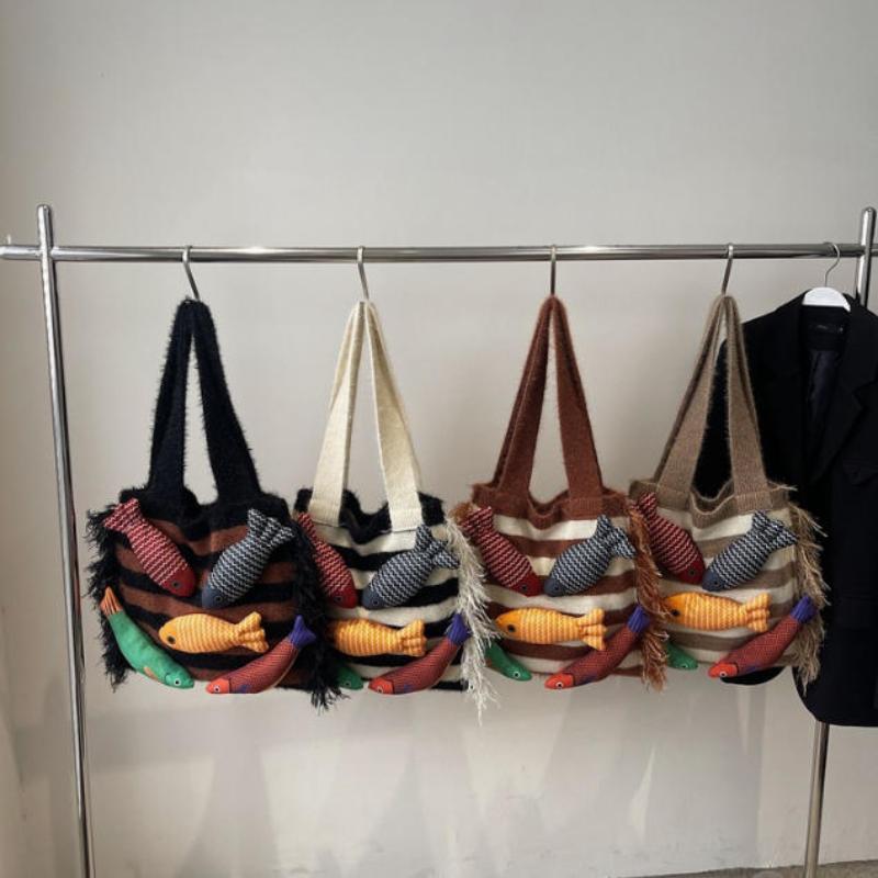 Cute Little Fish Knitted Tote Bag Summer Breathable Lightweight Versatile Commuter Shoulder Bag for Family Weekend Trips