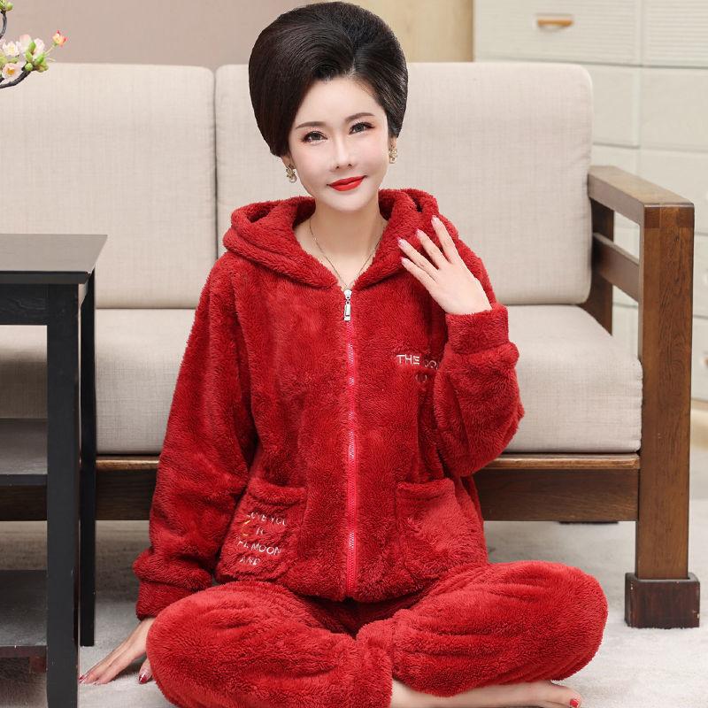 Autumn and Winter Coral Fleece Pajamas Ladies Zipper Hooded Plus Velvet Thick Warm Flannel Home Service