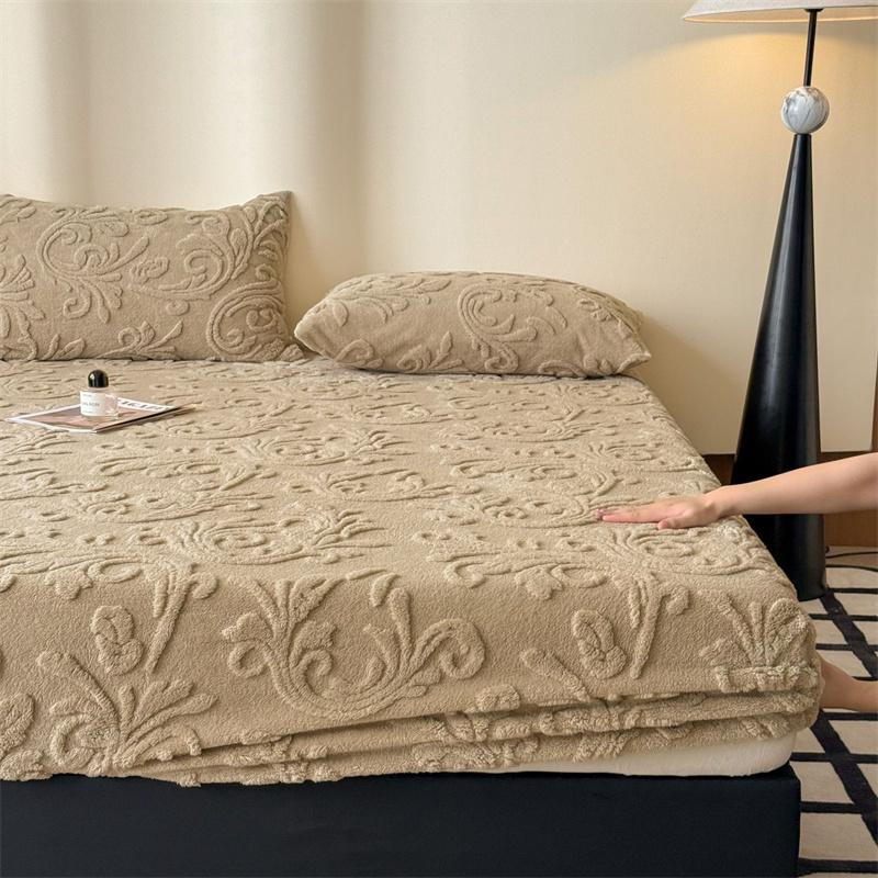1PCS Plush Embossed Fitted Sheet Thick Warm Bedding for Autumn Winter Soft Comfortable Fabric Deep Pocket Design for Queen King Single  No Pillowcases