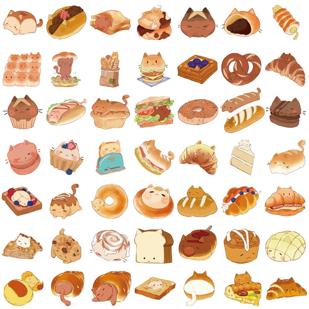 50PCS Cute Cartoon Bread Cat Sticker Laptop Waterproof Aesthetic Notebook Cafe Landscape Waterproof Wall Notebook Stickers