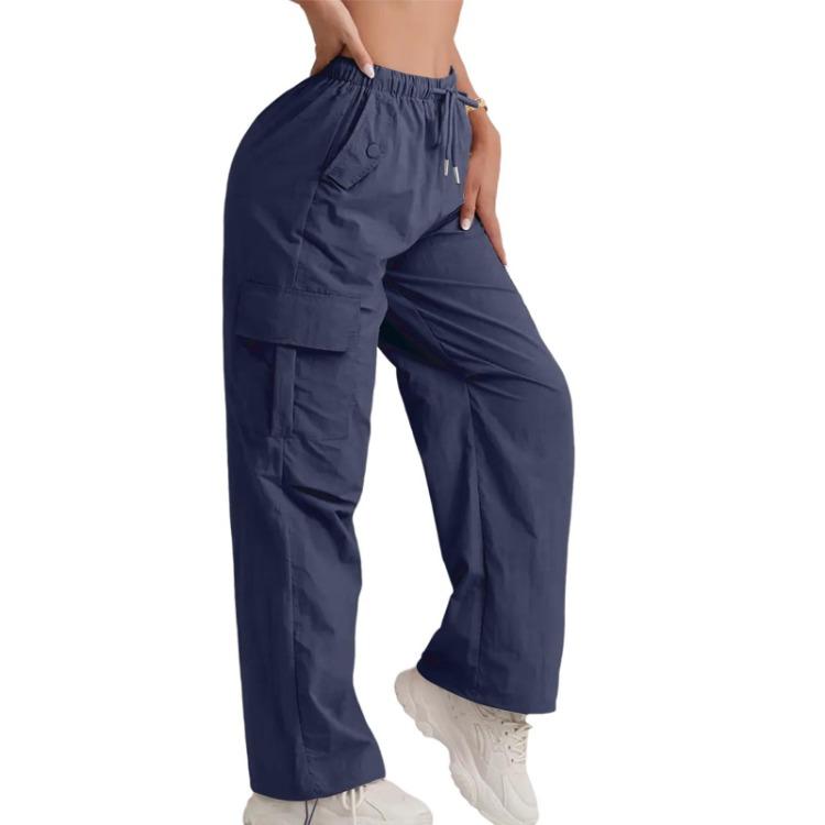 Quick Dry High Waisted Cargo Pants Women Solid Color Wide Leg Sports Pants Casual Drawstring