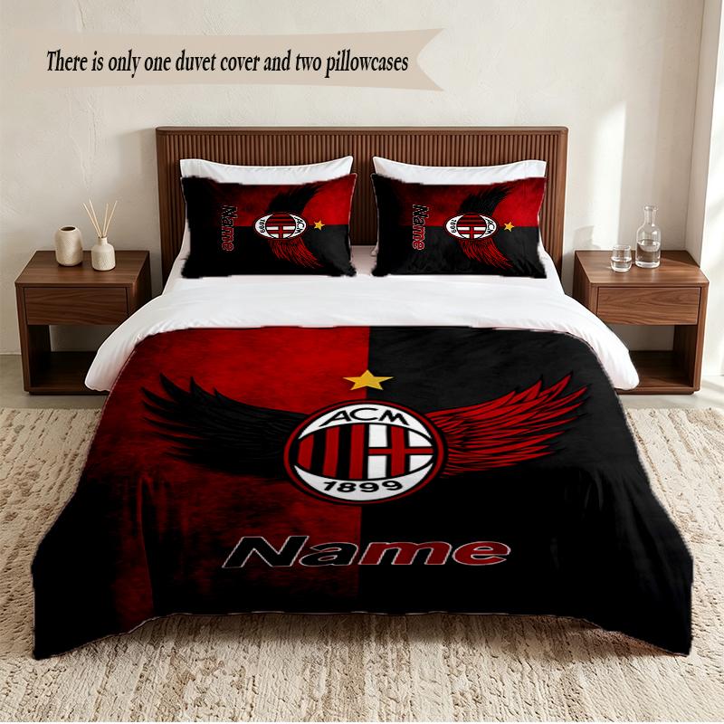 Set Biancheria da Letto AC Milan Personalizzato con Nome 3 Pezzi Morbido Copripiumino per Camera da Letto Decorazione Casa