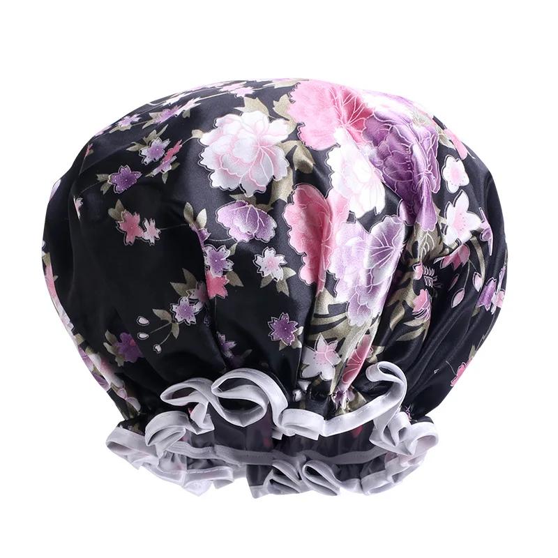 Large Lace Satin Anti-fume Cap PE Lined Waterproof Shower Cap Beauty Home Cap