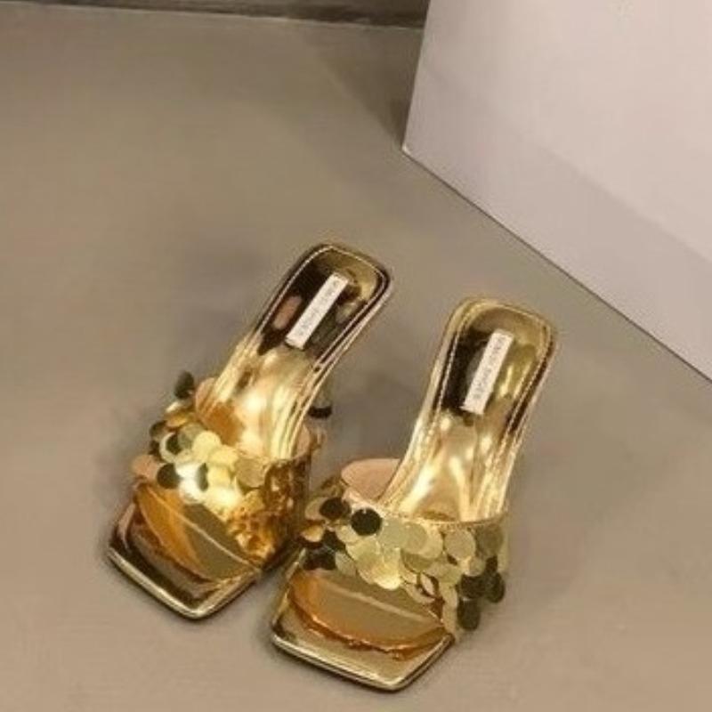 2025 Summer Hot Selling Women's High Heels and Slippers Fashionable and Elegant Square Toe Outdoor Versatile Silver Women Shoes