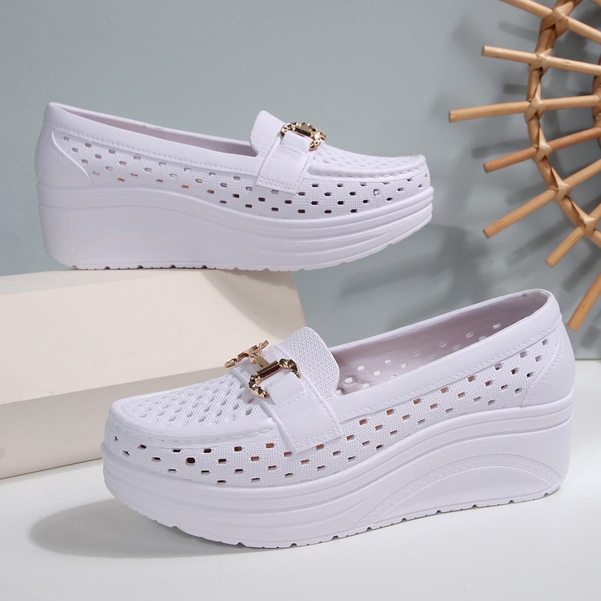 

New leather hollow platform muffin shoes slope heel rocking shoes large size women s shoes casual 39 білий