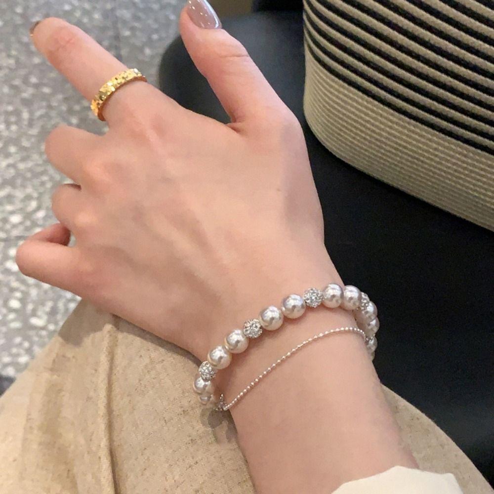 Charm Pearl Crystal Bracelet Shining Zircon Double Layer Bracelet Sweet Beaded Hand Bangle  Party